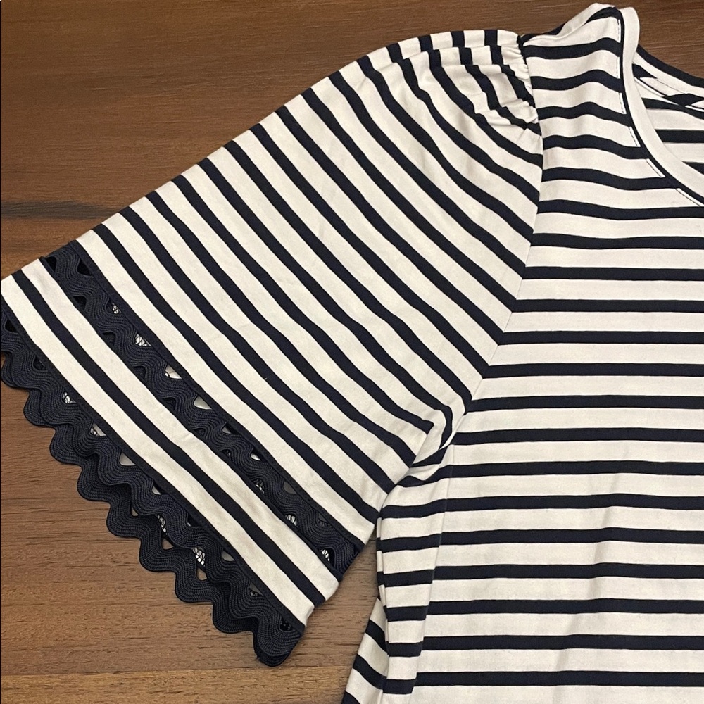 Chico's Navy and White Striped Short Sleeve Rick Rack Trim Top Size 8/M